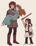  1boy 2girls a_song_of_ice_and_fire alternate_age arya_stark barefoot blue_eyes braid brother_and_sister brown_hair child crown dress family game_of_thrones multiple_girls orange_hair ponytail robb_stark sansa_stark shie_(517151) short_hair siblings sisters smile toy_sword younger 