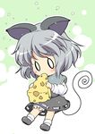  1girl animal_ears bloomers capelet cheese chibi dress eating flying_sweatdrops food grey_dress grey_hair mouse_ears mouse_tail nazrin o_o pila-pela solo tail touhou underwear 