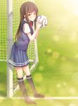  2014_fifa_world_cup bad_id bad_pixiv_id ball brazuca brown_eyes brown_hair grass highres hiiragi_hajime looking_at_viewer original ribbon school_uniform smile soccer soccer_ball solo world_cup 