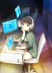  bare_shoulders black_hair blush brown_eyes chair computer cutoffs denim denim_shorts keyboard_(computer) office_chair original se_(system_engineer) short_hair shorts sitting solo ubizo 