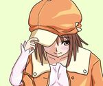  bad_anatomy bakemonogatari brown_eyes brown_hair cabbie_hat hat monogatari_(series) sengoku_nadeko short_hair solo 