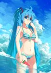  ahoge aqua_eyes aqua_hair baisi_shaonian bikini breasts cleavage cloud day food hatsune_miku highres long_hair looking_at_viewer medium_breasts navel popsicle side-tie_bikini sky solo striped striped_bikini swimsuit twintails very_long_hair vocaloid wading water watermelon_bar wet 