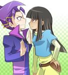  1girl black_hair dark_skin eye_contact hand_on_hip kotsu_masumi looking_at_another purple_hair red_eyes ric shijima_hokuto smile wavy_mouth yuu-gi-ou yuu-gi-ou_arc-v 