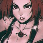  bloodrayne bloodrayne_(videogame) breasts chromatic_aberration cleavage face ilya_kuvshinov jewelry large_breasts lips necklace parted_lips red_hair solo upper_body 