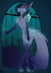  big_ears bioluminescence blue_eyes breasts canine chest_tuft claws female fluffy_tail fur glowing grey_fur looking_at_viewer mammal nude outside smile solo tuft twilight-goddess 