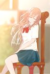  bad_id bad_pixiv_id bare_legs blurry bow brown_hair chair closed_eyes comrade_stalin depth_of_field feet_out_of_frame floating_hair long_hair original sitting skirt solo wind wooden_chair 