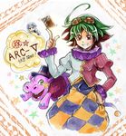  ahoge card clown duel_monster goggles green_hair grin hand_on_hip male_focus multicolored_hair performapal_hip_hippo red_eyes red_hair sakaki_yuuya smile yuu-gi-ou yuu-gi-ou_arc-v zin_(mame_denkyu) 