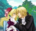  1girl ada_vessalius blonde_hair blush bow capelet earrings formal frills gathers gloves green_eyes hair_ornament hair_ribbon hand_on_another's_face heterochromia jewelry long_hair open_mouth pandora_hearts ponytail ribbon short_hair smile tree vincent_nightray yellow_eyes 