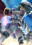  animal_print beam_saber bear_panties bear_print blue_panties boots bow bow_panties cameltoe commentary crop_top crop_top_overhang earrings electricity from_below front-print_panties full_moon gloves green_hair green_panties hat heterochromia highres holding jewelry kantai_collection kiso_(kantai_collection) looking_at_viewer midriff miniskirt moon navel open_mouth panties pantyshot pantyshot_(standing) pleated_skirt print_panties rayn remodel_(kantai_collection) saber_(weapon) school_uniform serafuku shiny shiny_skin short_hair skirt skirt_lift sky solo standing star sword thigh_boots thighhighs underwear upskirt weapon wind wind_lift 