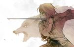  1girl a_song_of_ice_and_fire arya_stark beanclam brown_hair female reverse_trap short_hair solo sword weapon wolf yellow_eyes 