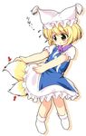  :&lt; blonde_hair blush dress flying_sweatdrops fox_tail hat multiple_tails pila-pela shadow short_hair simple_background socks solo tabard tail touhou white_background white_dress yakumo_ran yellow_eyes younger 