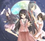  animal_ears ankle_socks aqua_eyes barefoot black_hair braid brown_eyes bunny_ears dress full_moon grin hand_on_own_chest houraisan_kaguya inaba_tewi japanese_clothes jumping long_hair long_sleeves looking_at_viewer mizunosan moon multiple_girls necktie one_eye_closed open_mouth outstretched_hand pink_dress pleated_skirt ponytail purple_hair red_eyes reisen_udongein_inaba short_hair short_sleeves silver_hair single_braid skirt sky smile star_(sky) starry_sky suit_jacket touhou yagokoro_eirin 
