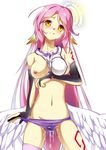  angel_wings blush breast_slip breasts feathered_wings gloves halo highres jibril_(no_game_no_life) licking_lips long_hair looking_at_viewer low_wings magic_circle medium_breasts midriff navel nipples no_game_no_life one_breast_out panties pink_hair pussy_juice shuffle_(songdatiankong) smile solo thighhighs tongue tongue_out underwear very_long_hair wet wet_clothes wet_panties white_wings wings yellow_eyes 
