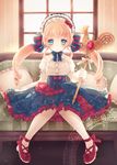  blonde_hair blue_eyes bonnet bow couch dress drill_hair frilled_dress frilled_pillow frills hair_bow hair_ornament hair_ribbon holding karunabaru lolita_fashion long_hair looking_at_viewer original pillow ribbon shoes sitting solo staff twin_drills twintails 