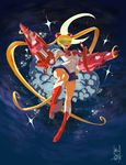  1girl arm_cannon bishoujo_senshi_sailor_moon blonde_hair blue_skirt boots breasts choker crescent crescent_moon double_bun dual_wielding highres karla_diaz_castro knee_boots long_hair magical_girl mecha_musume moon sailor_collar sailor_moon shooting_glasses skin_tight skirt solo sunglasses tiara tsujin tsukino_usagi twintails weapon 