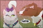  annoyed bow_tie brown_fur canine cat collar dialog dog duo eyes_closed eyeshadow feline female friendship_is_magic fur green_eyes jewelry makeup mammal mouth_closed my_little_pony opalescence_(mlp) open_mouth pink_nose simple_background text white_fur winona_(mlp) 