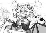  &gt;_&lt; /\/\/\ 1girl :3 bare_shoulders braid breasts commentary_request demon_girl demon_horns demon_tail demon_wings eyes_closed facing_viewer fingerless_gloves flying_sweatdrops gloves greyscale hair_between_eyes hand_holding hand_up horns large_breasts latenight low_wings monochrome monster_girl_encyclopedia solo_focus succubus succubus_(monster_girl_encyclopedia) sweat sweating_profusely tail twin_braids wings 