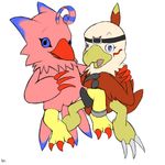  beak bird biyomon blue_eyes blue_sclera claws digimon duo feathers female hawkmon looking_at_viewer male nyar open_mouth penis plain_background pussy sitting talons tongue white_background 