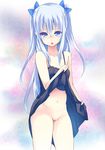  blue_eyes blue_hair dress dress_lift gucchiann highres long_hair navel no_panties original pussy ribbon solo two_side_up 