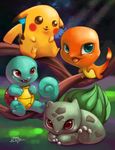  big_eyes blue_eyes bulbasaur charmander chibi cute fire grass group mammal mouse nintendo open_mouth outside pikachu pok&#233;mon pok&eacute;mon red_eyes reptile rodent scalie sitting smile squirtle tree tsaoshin turtle video_games 