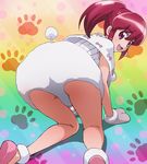  aino_megumi happinesscharge_precure! haruyama_kazunori kneeling looking_at_viewer looking_back open_mouth paw_print ponytail precure rainbow_background red_eyes red_hair solo 