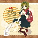  alternate_costume anzu_(o6v6o) boots bow character_name cross-laced_footwear dress green_eyes green_hair gumi hairband happy_birthday musical_note short_hair solo vocaloid 