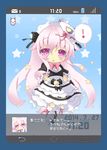  1girl alternate_costume battery blue_background blue_border blush border chibi enmaided envelope hata_no_kokoro highres holding long_hair maid maid_headdress mask milkpanda open_mouth phone_screen pink_hair purple_eyes ribbon star touhou translation_request 