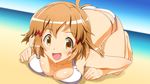  all_fours bikini breast_press breasts brown_eyes brown_hair highres medium_breasts senki_zesshou_symphogear short_hair swimsuit tachibana_hibiki_(symphogear) yuto_(dialique) 