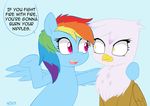  avian beak blue_fur brown_fur dialog duo english_text equine eye_contact feathers female friendship_is_magic fur gilda_(mlp) gryphon hair helloeternity hooves horse humor mammal multi-colored_hair my_little_pony open_mouth pegasus pony purple_eyes rainbow_dash_(mlp) rainbow_hair simple_background text the_truth tongue what wings yellow_eyes 