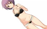  1girl bangs bare_arms bare_shoulders black_bra black_panties bow bow_panties bra breasts brown_eyes commentary_request dutch_angle frilled_panties frills hand_up looking_at_viewer medium_breasts nagato_yuki nanabuluku navel panties parted_lips purple_hair short_hair simple_background solo standing suzumiya_haruhi_no_yuuutsu underwear white_background 