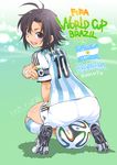  2014_fifa_world_cup :p antenna_hair argentina armband ass ball black_hair black_legwear blush brazuca cleats clothes_writing dated from_behind highres idolmaster idolmaster_(classic) inoue_sora kikuchi_makoto kneehighs looking_at_viewer looking_back pantylines purple_eyes revision ribbed_legwear short_hair shorts signature sitting sitting_on_object smile soccer soccer_ball soccer_uniform socks solo sportswear squatting tongue tongue_out world_cup wristband 