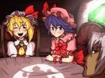  3girls blonde_hair blush buront crossover final_fantasy final_fantasy_xi flandre_scarlet hat maruman multiple_girls open_mouth pointy_ears puffy_short_sleeves puffy_sleeves purple_hair remilia_scarlet shadow shameimaru_aya short_hair short_sleeves silver_hair the_iron_of_yin_and_yang touhou vampire 