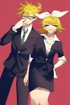  1girl bad_id bad_pixiv_id blonde_hair blue_eyes brother_and_sister business_suit formal glasses green_neckwear highres kagamine_len kagamine_rin necktie oniyama831 red_background ribbon siblings simple_background smile suit twins vocaloid 