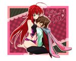  1boy 1girl ahoge animal_ears barefoot blush breast_smother breasts brown_hair bunny_ears eyes_closed green_eyes high_school_dxd holding hug hyoudou_issei idiot_hair large_breasts long_hair red_hair rias_gremory smile waistcoat 