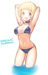  :d armpits arms_up bikini blonde_hair blush breasts brown_eyes choker cleavage fukuda_noriko highres idolmaster idolmaster_million_live! large_breasts looking_at_viewer navel open_mouth rondo_bell short_hair simple_background sketch smile solo strap_gap string_bikini swimsuit wading white_background 