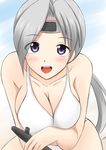 :d blush breasts chitose_(kantai_collection) cleavage fuuma_nagi grey_hair headband kantai_collection large_breasts leaning_forward long_hair looking_at_viewer open_mouth ponytail purple_eyes smile solo submarine swimsuit watercraft 