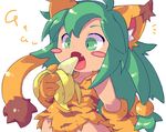  animal_ears animal_print anmofu bad_id bad_pixiv_id banana blush_stickers cat_ears cham_cham eating fang food fruit gloves green_eyes green_hair long_hair open_mouth paw_gloves paws samurai_spirits simple_background snk solo tail tiger_print white_background 
