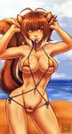  abs animal_ears antenna_hair areola_slip areolae bangs beach bikini bikini_in_mouth blazblue breasts cleavage cloud collarbone contrapposto day facing_viewer highres horizon iahfy large_breasts looking_away looking_to_the_side makoto_nanaya micro_bikini mouth_hold ocean outdoors parted_lips pubic_hair pubic_hair_peek shiny shiny_skin side-tie_bikini sideboob skindentation sky slingshot_swimsuit solo squirrel_ears squirrel_tail standing swimsuit tail toned untied 