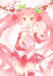  absurdres cherry cherry_blossoms food fruit hair_ornament hatsune_miku highres jimmy long_hair petals pink_eyes pink_hair sakura_miku solo tears thighhighs tree_branch twintails vocaloid zettai_ryouiki 