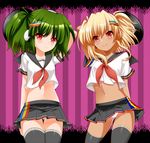  arm_behind_back arm_behind_head beatmania beatmania_iidx blonde_hair crop_top crop_top_overhang green_hair headphones highres hishimiya_tsugaru kitarow long_hair midriff miniskirt multiple_girls navel panties pantyshot red_eyes school_uniform serafuku shiny shiny_skin skirt smile thigh_gap thighhighs twintails underwear wind wind_lift xiatian_(beatmania_iidx) 