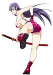 ass bent_over bikini_top blue_eyes boots breasts busujima_saeko from_behind full_body gishi gloves hand_on_hip highres highschool_of_the_dead katana large_breasts legs long_hair looking_at_viewer looking_back purple_hair scabbard sheath short_shorts shorts sideboob smirk solo sword weapon white_background 