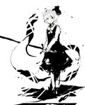  absurdres alternate_weapon ascot bad_id bad_pixiv_id black claymore_(sword) dress faux_traditional_media hair_ribbon highres holding holding_sword holding_weapon konpaku_youmu konpaku_youmu_(ghost) long_sleeves monochrome ribbon short_hair solo spot_color sumi-e sword timesoe touhou two-handed_sword walking weapon 