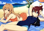  2girls absurdres alrge_breasts ass beach bikini blue_eyes blush breasts brown_hair competition_swimsuit highres koumi_haruka large_breasts legs long_hair lying medium_breasts multiple_girls ocean official_art on_back on_stomach one-piece_swimsuit open_mouth rail_wars! red_eyes red_hair sakurai_aoi short_hair sideboob smile swimsuit uno_makoto water 