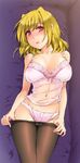  blonde_hair breasts camisole cleavage couch large_breasts lying lyrical_nanoha mahou_shoujo_lyrical_nanoha mahou_shoujo_lyrical_nanoha_a's navel on_back pantyhose pantyhose_pull puchopucho red_eyes shamal short_hair solo underwear 