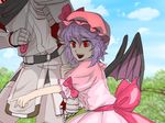  1girl armor bat_wings buront crossover final_fantasy final_fantasy_xi hat maruman open_mouth puffy_sleeves purple_hair red_eyes remilia_scarlet short_hair the_iron_of_yin_and_yang touhou umbrella vampire wings 