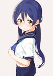  blue_hair blush from_above long_hair looking_at_viewer looking_back love_live! love_live!_school_idol_project school_uniform serafuku skirt solo sonoda_umi tofu1601 twintails yellow_eyes 