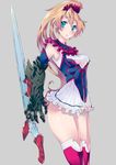  bh001 blonde_hair blue_eyes breasts gauntlets grey_background high_ponytail highres long_hair looking_at_viewer medium_breasts original red_legwear solo sword thighs weapon 