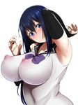  arm_up armpits blue_eyes blue_hair breasts gokukoku_no_brynhildr highres huge_breasts kuroha_neko nipples shumichi simple_background solo white_background 