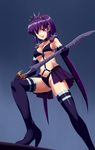  bikini breasts choker elbow_gloves gloves gufreedom high_heels long_hair masaki_aeka_jurai medium_breasts purple_eyes purple_hair shoulder_pads smirk solo spikes swimsuit sword tenchi_muyou! thighhighs tiara twintails weapon 