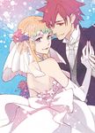  1girl aft5 apollo_(aquarion) aquarion_(series) bare_shoulders blonde_hair bridal_veil couple dress elbow_gloves flower formal gloves hetero long_hair red_hair short_hair silvia_de_alisia sousei_no_aquarion suit veil wedding_dress 